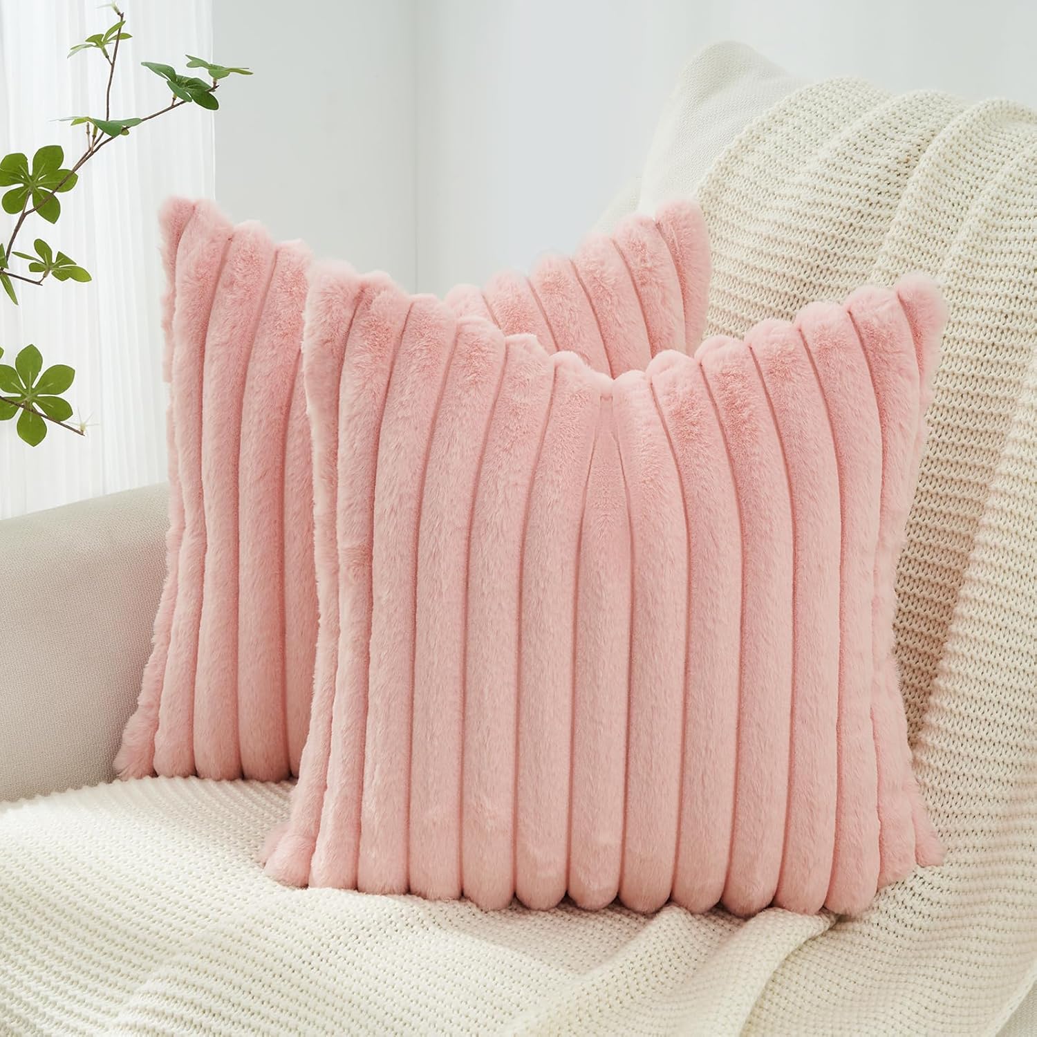 Faux Fur Cushion Covers - Chunky Embossed Flannel with Hidden Zipper - Pink, 45cm x 45cm Pack of 2