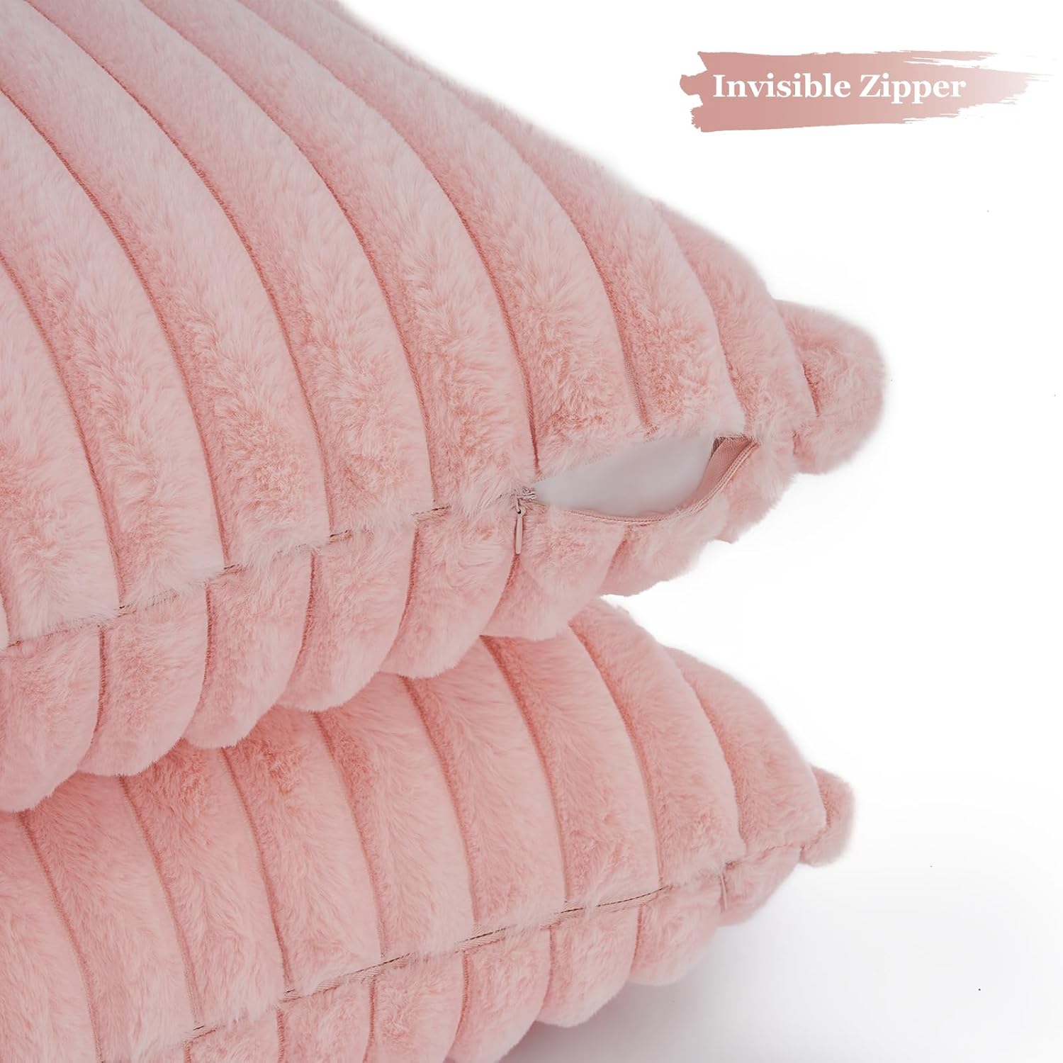 Faux Fur Cushion Covers - Chunky Embossed Flannel with Hidden Zipper - Pink, 45cm x 45cm Pack of 2
