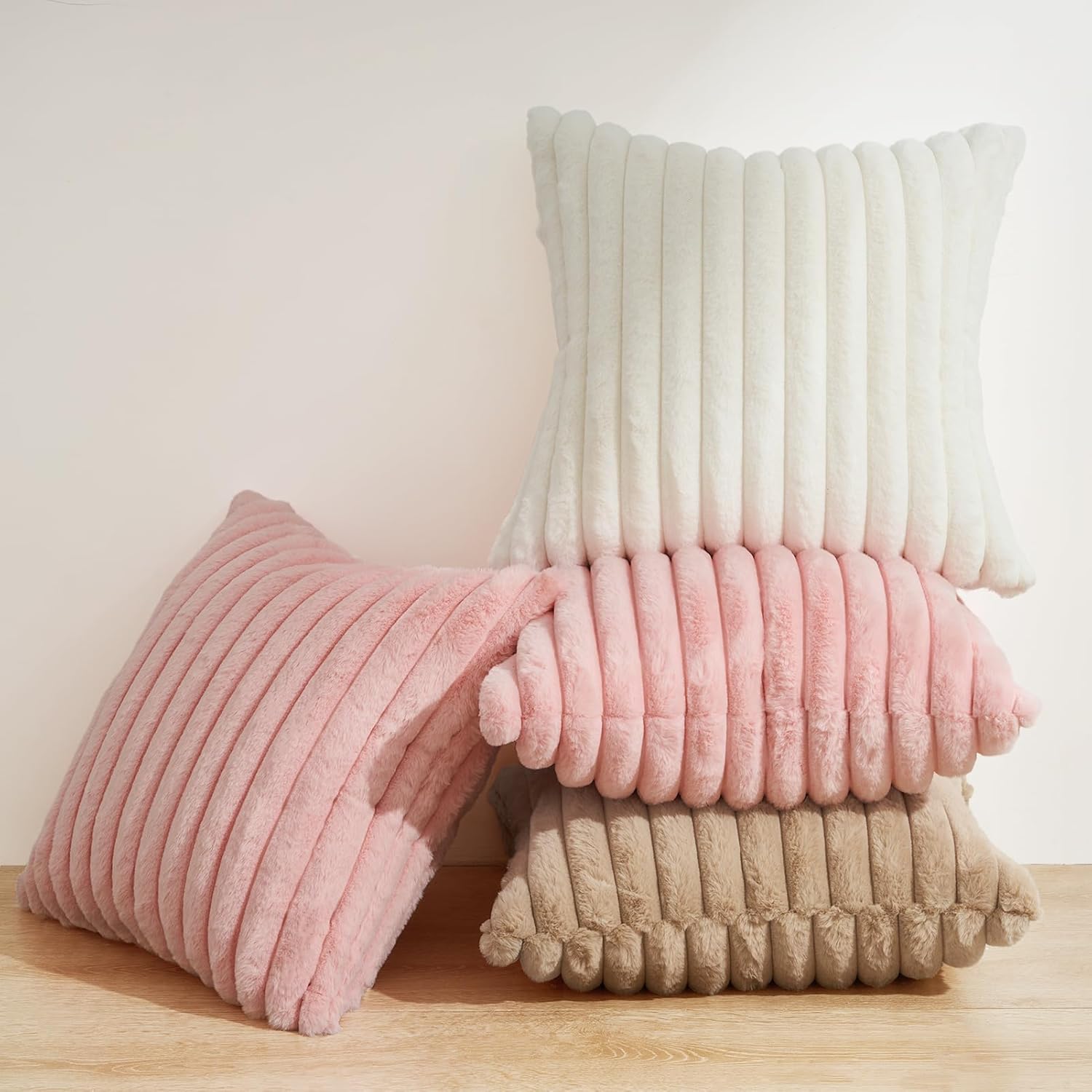 Faux Fur Cushion Covers - Chunky Embossed Flannel with Hidden Zipper - Pink, 45cm x 45cm Pack of 2