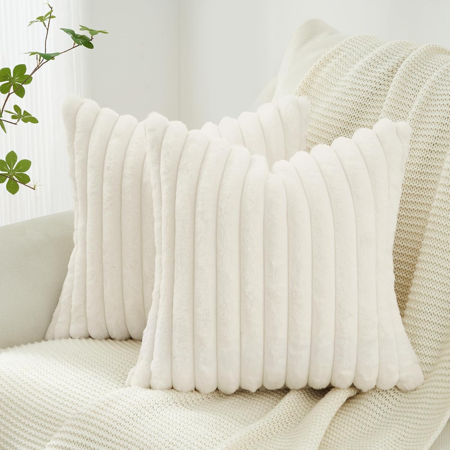 Faux Fur Cushion Covers - Chunky Embossed Flannel with Hidden Zipper - Snow, 45cm x 45cm Pack of 2