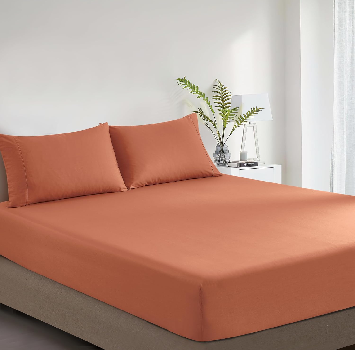 100% Vintage Washed Cotton Fitted Sheet Combo Set – 100% Natural Cotton, Ultra Soft & Breathable – Includes Fitted Sheet & Pillowcases – Machine Washable Brick, King Single