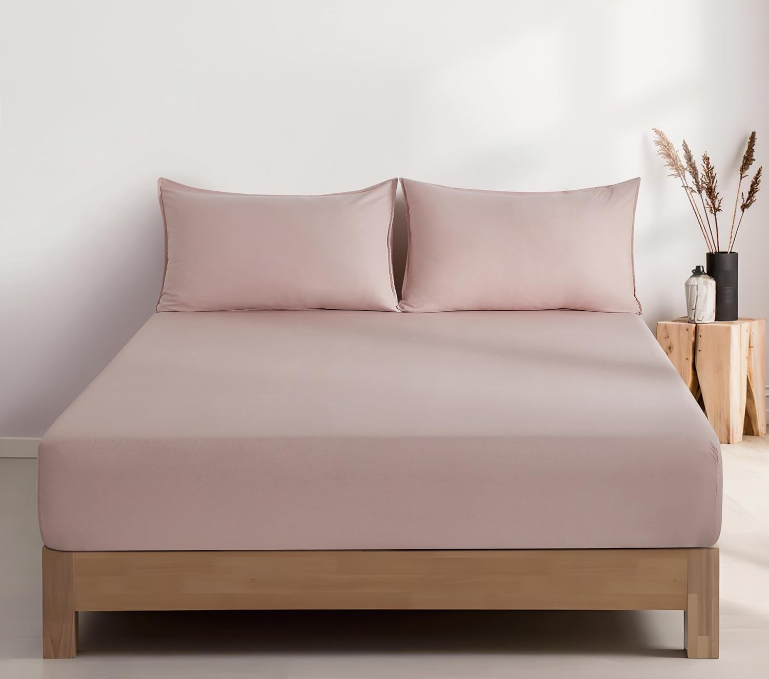 100% Vintage Washed Microfibre Fitted Sheet Set – Ultra Soft & Lightweight All-Season Fitted Sheet with 1 Pillowcase Pink, King Single Size