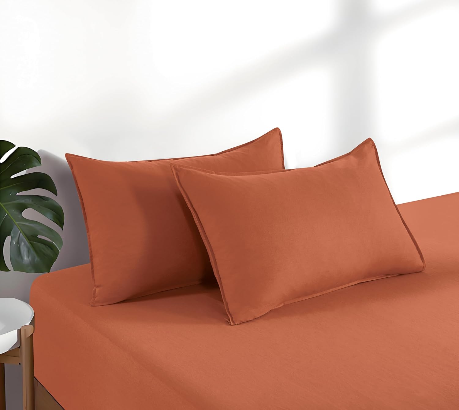 100% Vintage Washed Microfibre Fitted Sheet Set – Ultra Soft & Lightweight All-Season Fitted Sheet with 1 Pillowcase Terracotta, King Single Size