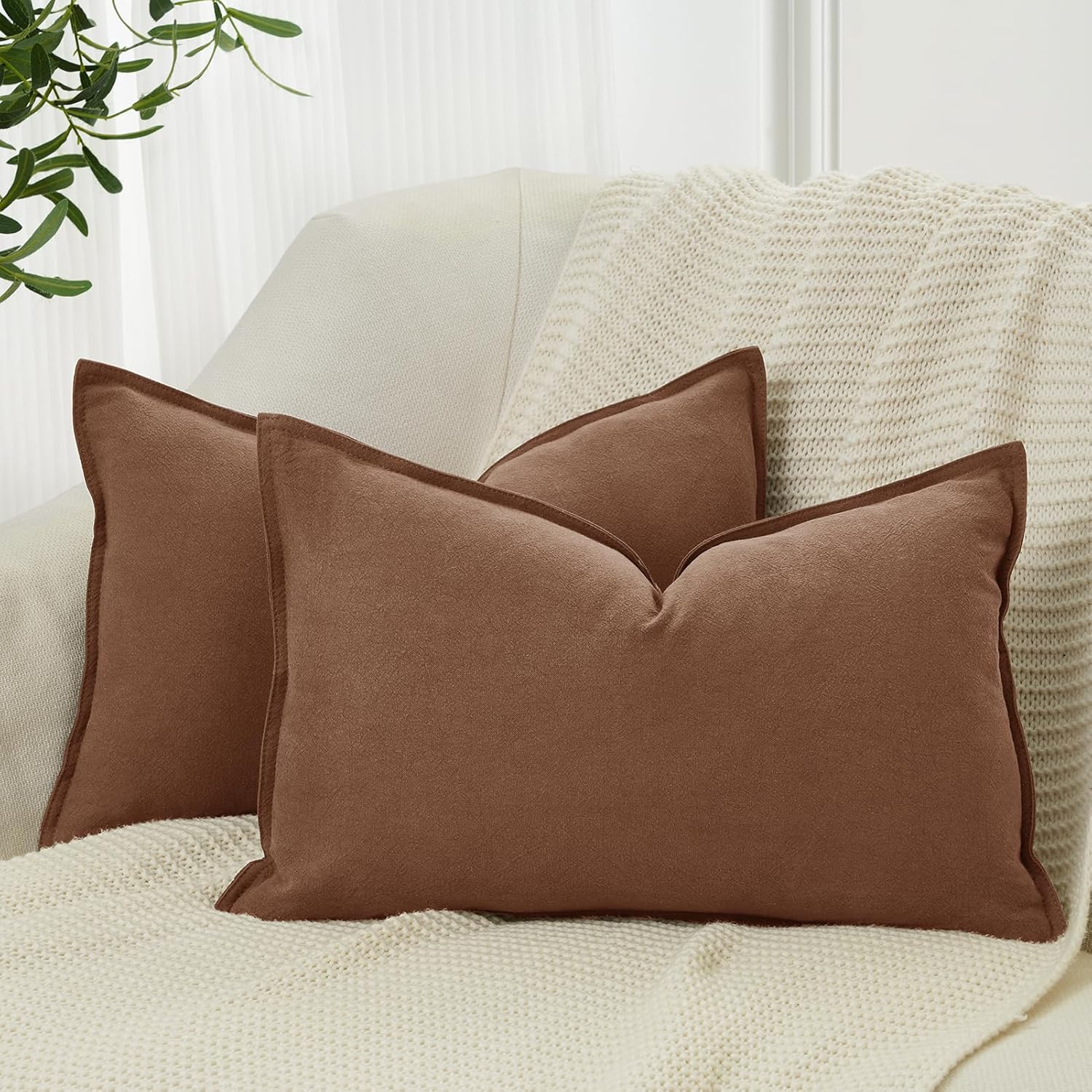 Linen Cushion Covers - 30% Linen 70% Cotton Blend, Soft & Breathable with Hidden Zipper Design - Cocoa Brown, 30cm x 50cm Twin Pack