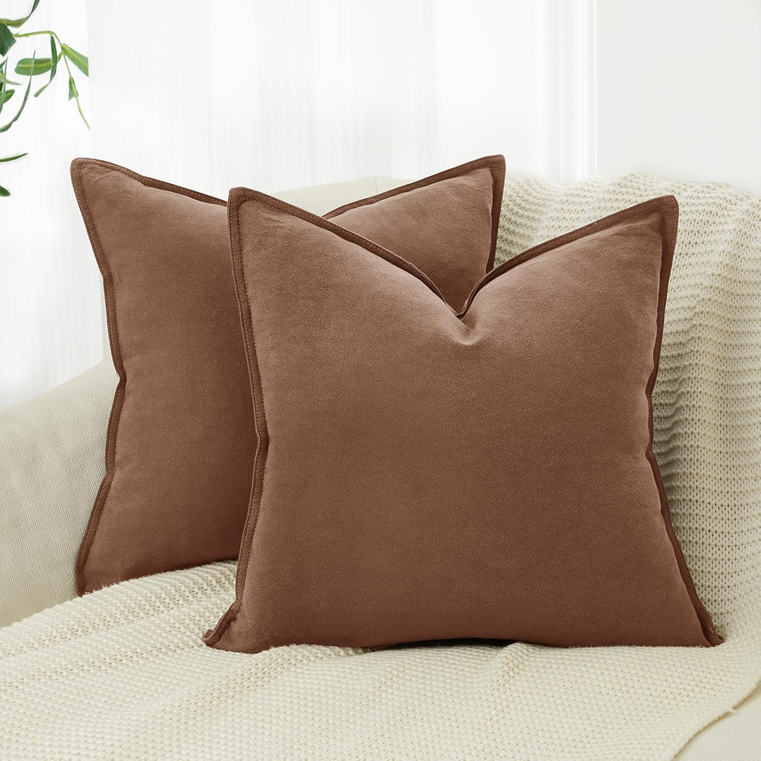 Linen Cushion Covers - 30% Linen 70% Cotton Blend, Soft & Breathable with Hidden Zipper Design - Cocoa Brown, 45cm x 45cm Twin Pack