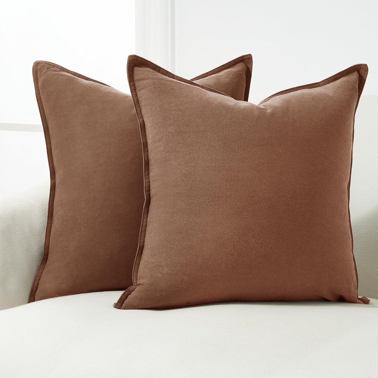 Linen Cushion Covers - 30% Linen 70% Cotton Blend, Soft & Breathable with Hidden Zipper Design - Cocoa Brown, 45cm x 45cm Twin Pack