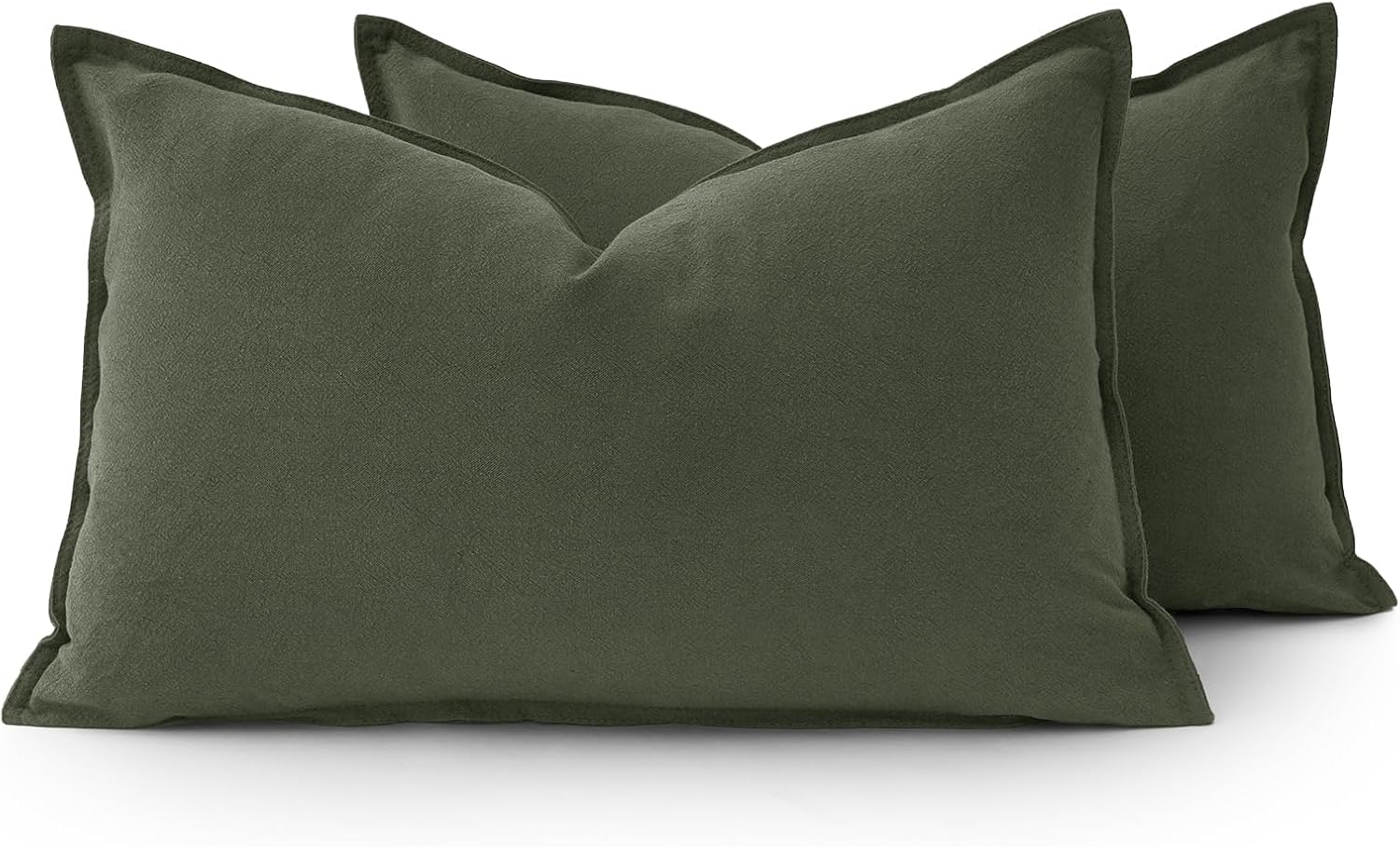 Linen Cushion Covers - 30% Linen 70% Cotton Blend, Soft & Breathable with Hidden Zipper Design - Khaki Green, 30cm x 50cm Twin Pack