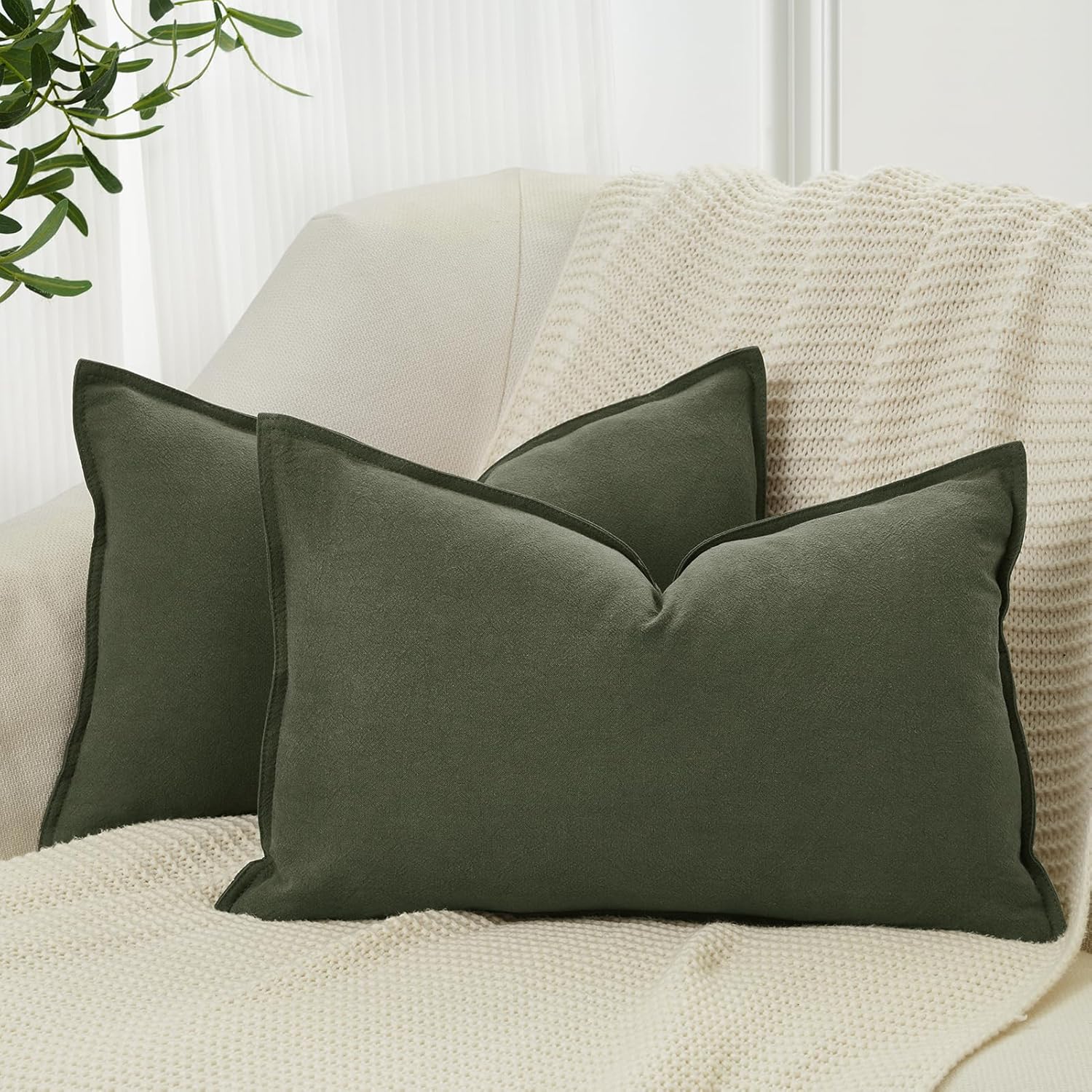 Linen Cushion Covers - 30% Linen 70% Cotton Blend, Soft & Breathable with Hidden Zipper Design - Khaki Green, 30cm x 50cm Twin Pack