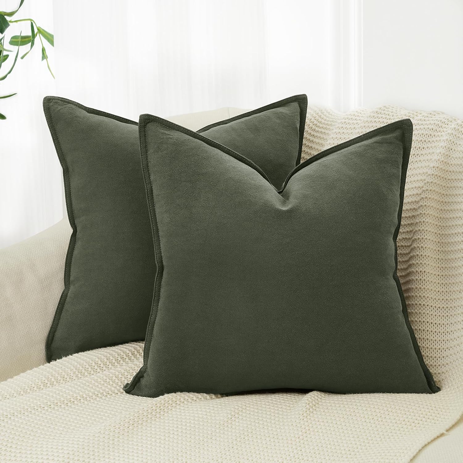 Linen Cushion Covers - 30% Linen 70% Cotton Blend, Soft & Breathable with Hidden Zipper Design - Khaki Green, 45cm x 45cm Twin Pack