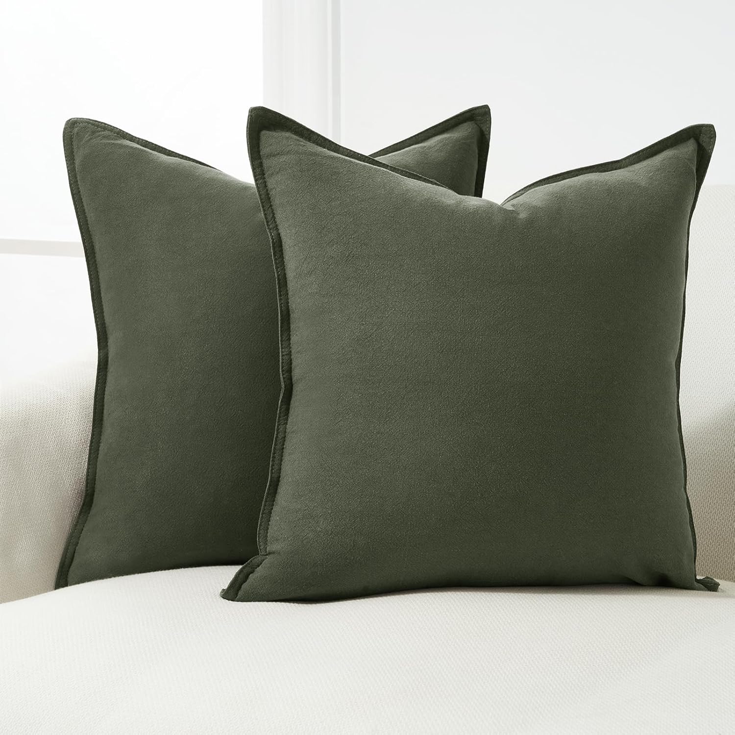Linen Cushion Covers - 30% Linen 70% Cotton Blend, Soft & Breathable with Hidden Zipper Design - Khaki Green, 45cm x 45cm Twin Pack