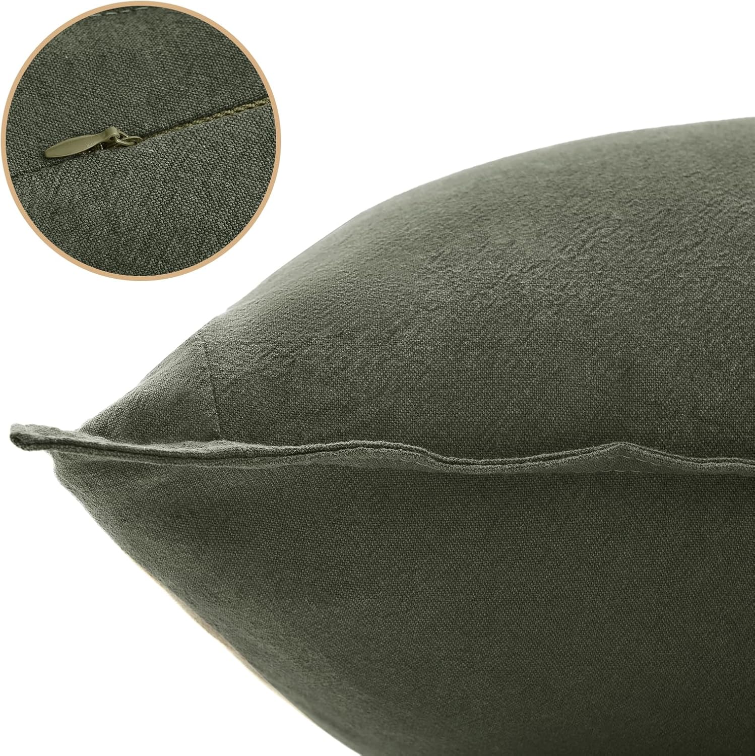 Linen Cushion Covers - 30% Linen 70% Cotton Blend, Soft & Breathable with Hidden Zipper Design - Khaki Green, 45cm x 45cm Twin Pack