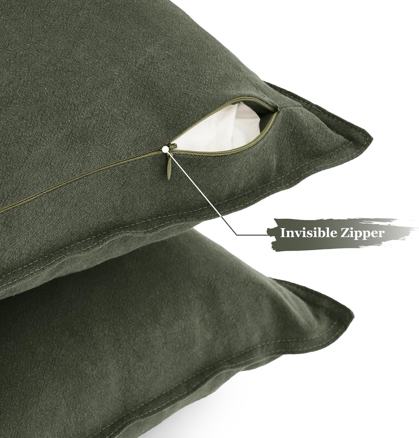 Linen Cushion Covers - 30% Linen 70% Cotton Blend, Soft & Breathable with Hidden Zipper Design - Khaki Green, 45cm x 45cm Twin Pack