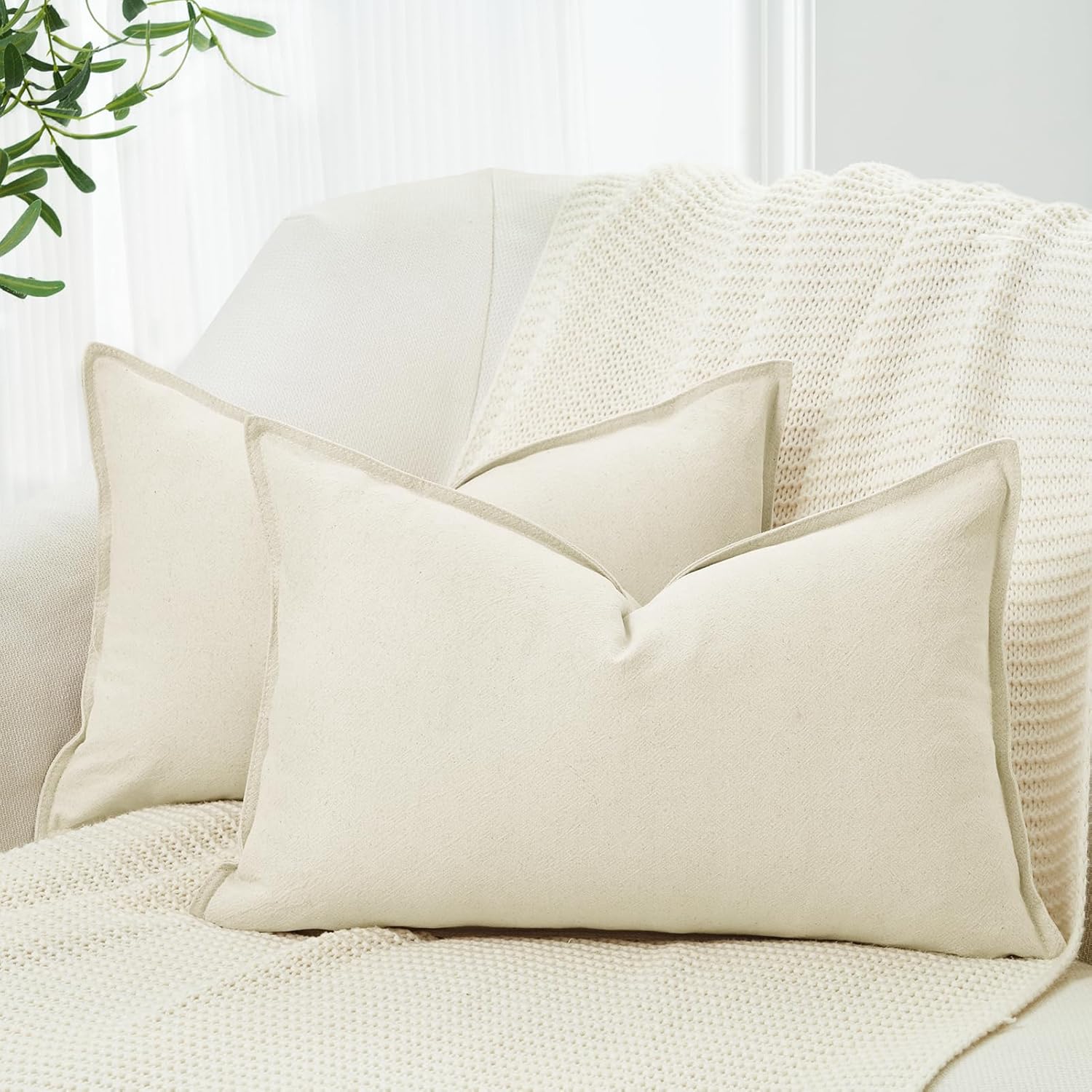 Linen Cushion Covers - 30% Linen 70% Cotton Blend, Soft & Breathable with Hidden Zipper Design - Linen, 30cm x 50cm Twin Pack