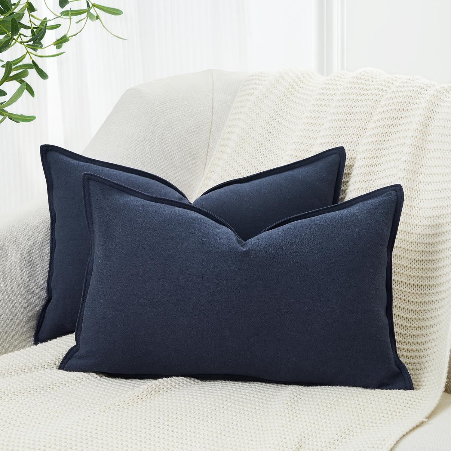 Linen Cushion Covers - 30% Linen 70% Cotton Blend, Soft & Breathable with Hidden Zipper Design - Navy Blue, 30cm x 50cm Twin Pack