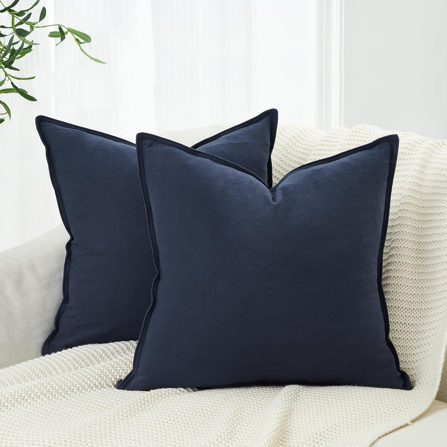 Linen Cushion Covers - 30% Linen 70% Cotton Blend, Soft & Breathable with Hidden Zipper Design - Navy Blue, 45cm x 45cm Twin Pack