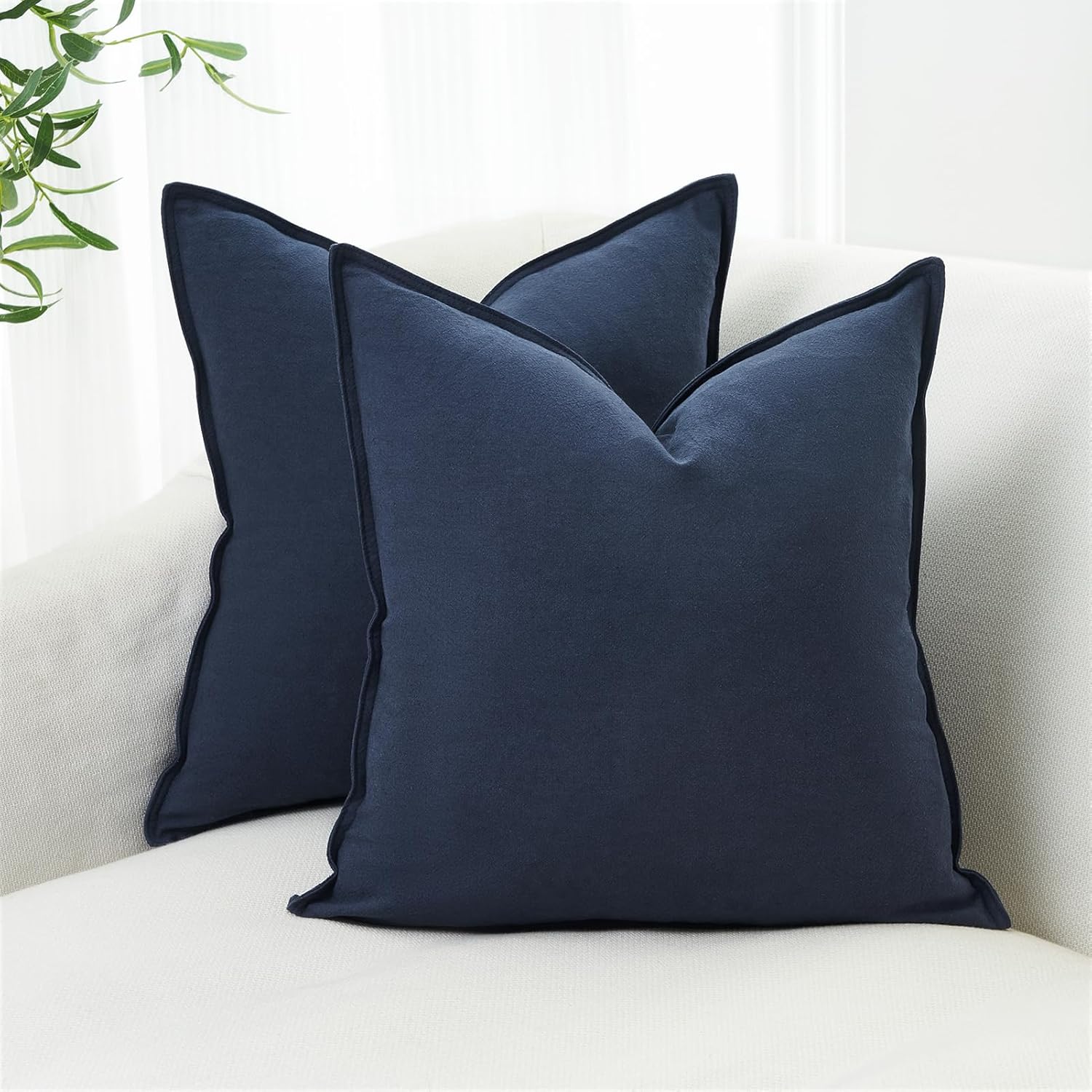 Linen Cushion Covers - 30% Linen 70% Cotton Blend, Soft & Breathable with Hidden Zipper Design - Navy Blue, 45cm x 45cm Twin Pack