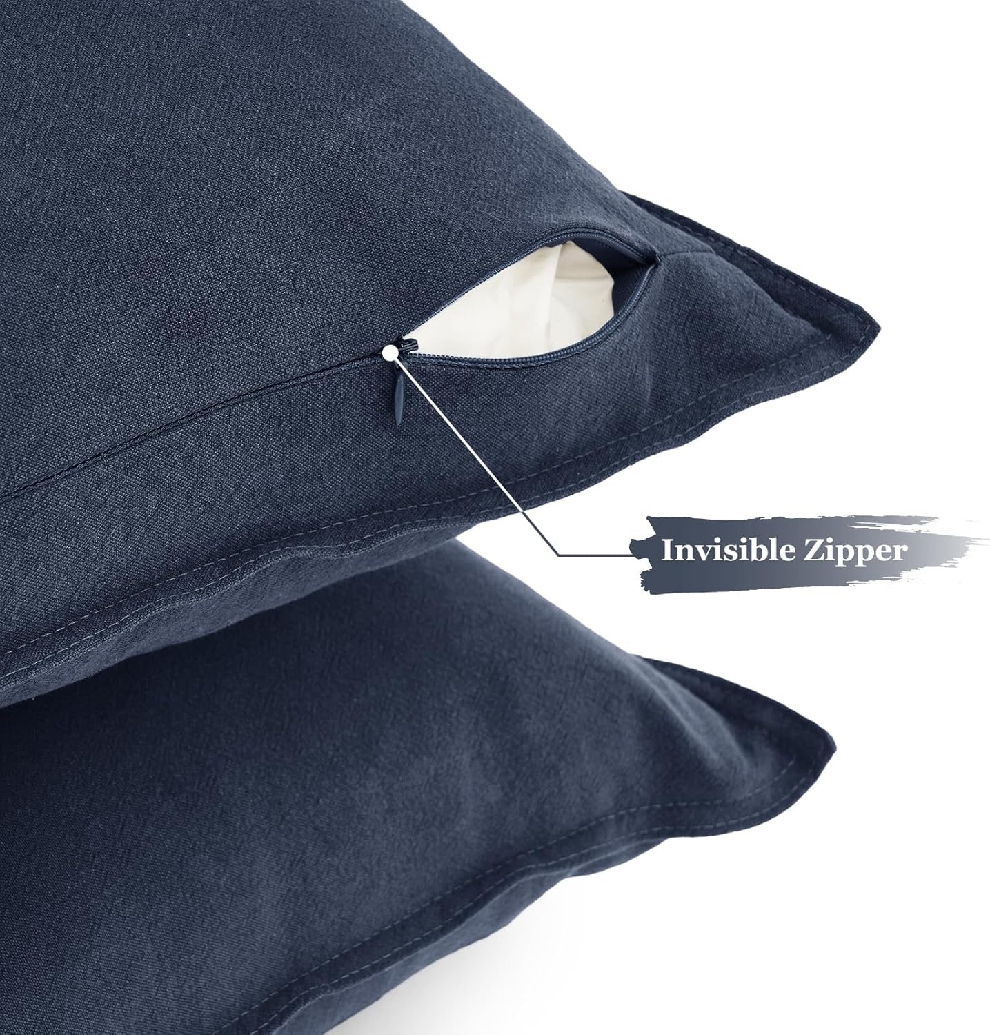 Linen Cushion Covers - 30% Linen 70% Cotton Blend, Soft & Breathable with Hidden Zipper Design - Navy Blue, 45cm x 45cm Twin Pack