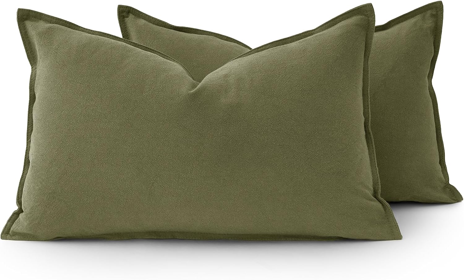 Linen Cushion Covers - 30% Linen 70% Cotton Blend, Soft & Breathable with Hidden Zipper Design - Olive Green, 30cm x 50cm Twin Pack