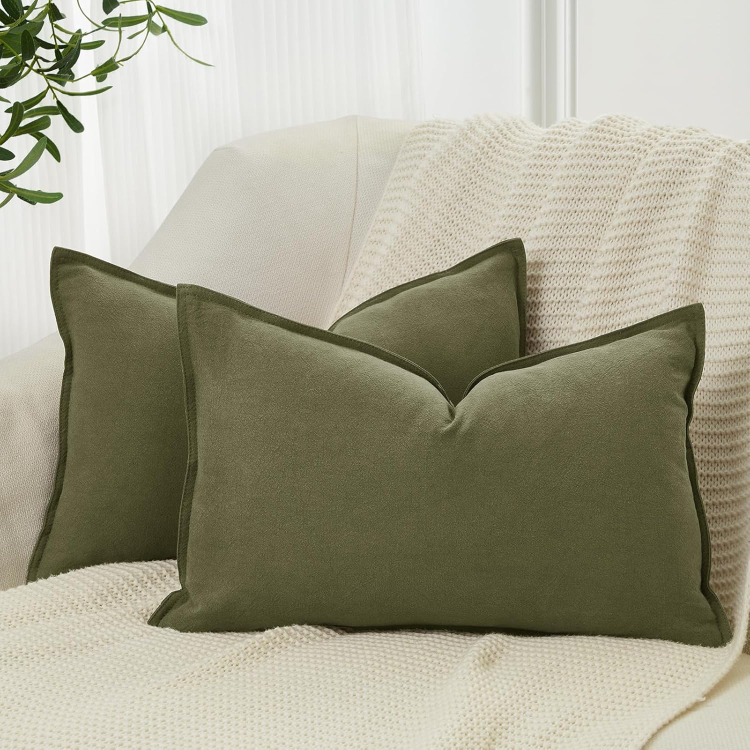 Linen Cushion Covers - 30% Linen 70% Cotton Blend, Soft & Breathable with Hidden Zipper Design - Olive Green, 30cm x 50cm Twin Pack