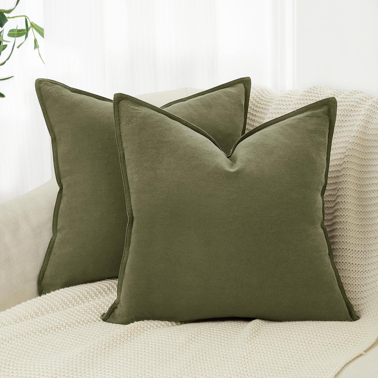 Linen Cushion Covers - 30% Linen 70% Cotton Blend, Soft & Breathable with Hidden Zipper Design - Olive Green, 45cm x 45cm Twin Pack