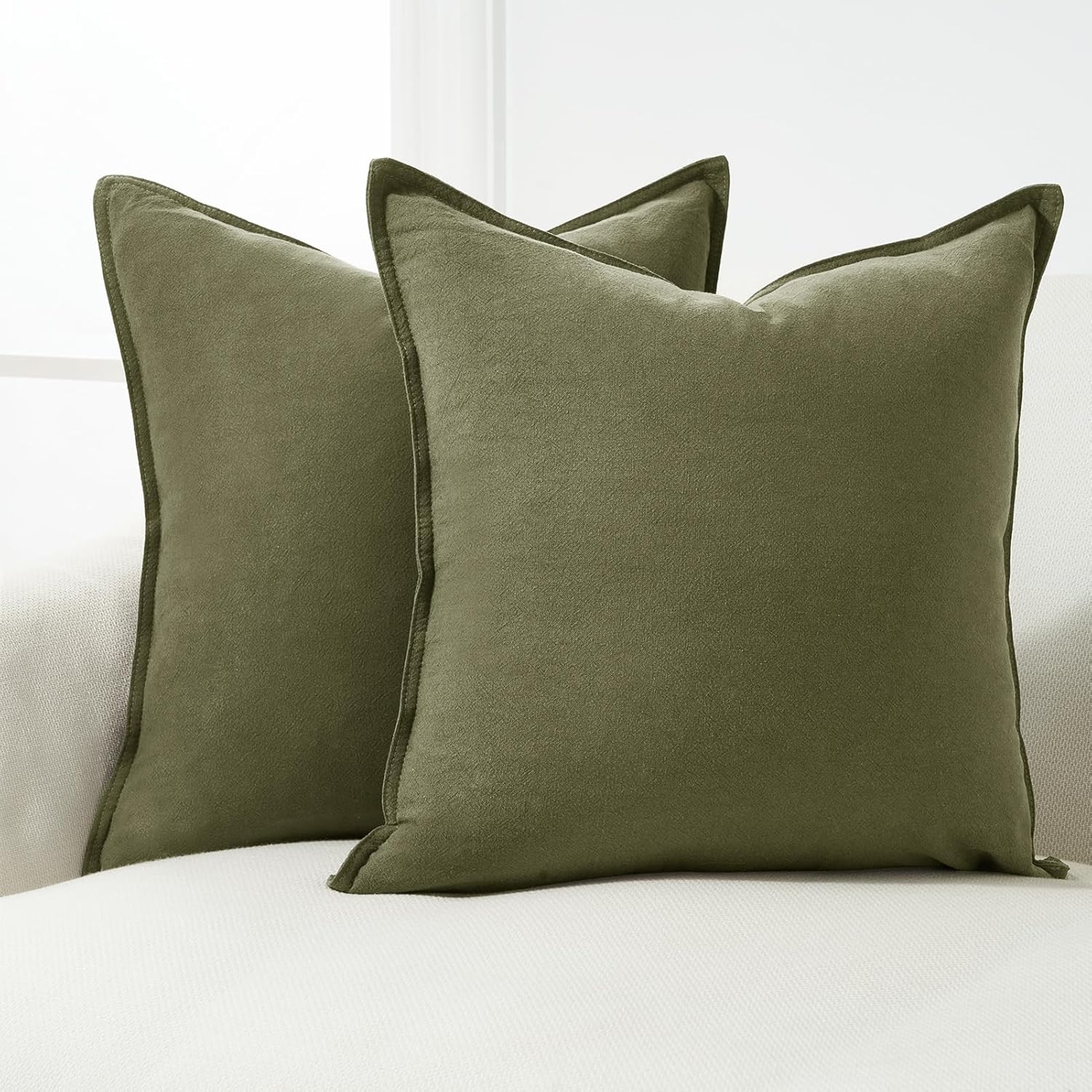 Linen Cushion Covers - 30% Linen 70% Cotton Blend, Soft & Breathable with Hidden Zipper Design - Olive Green, 45cm x 45cm Twin Pack