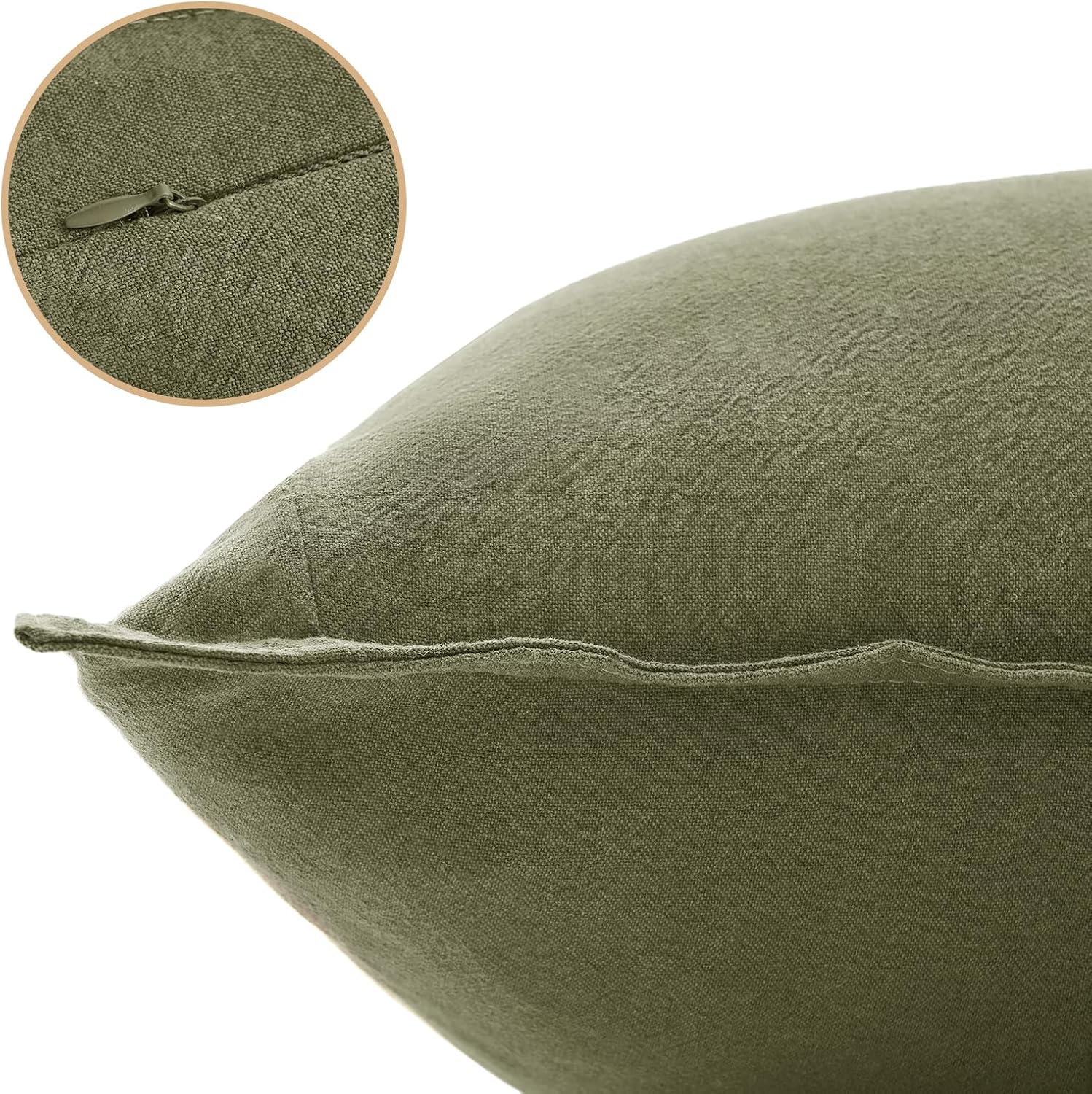 Linen Cushion Covers - 30% Linen 70% Cotton Blend, Soft & Breathable with Hidden Zipper Design - Olive Green, 45cm x 45cm Twin Pack