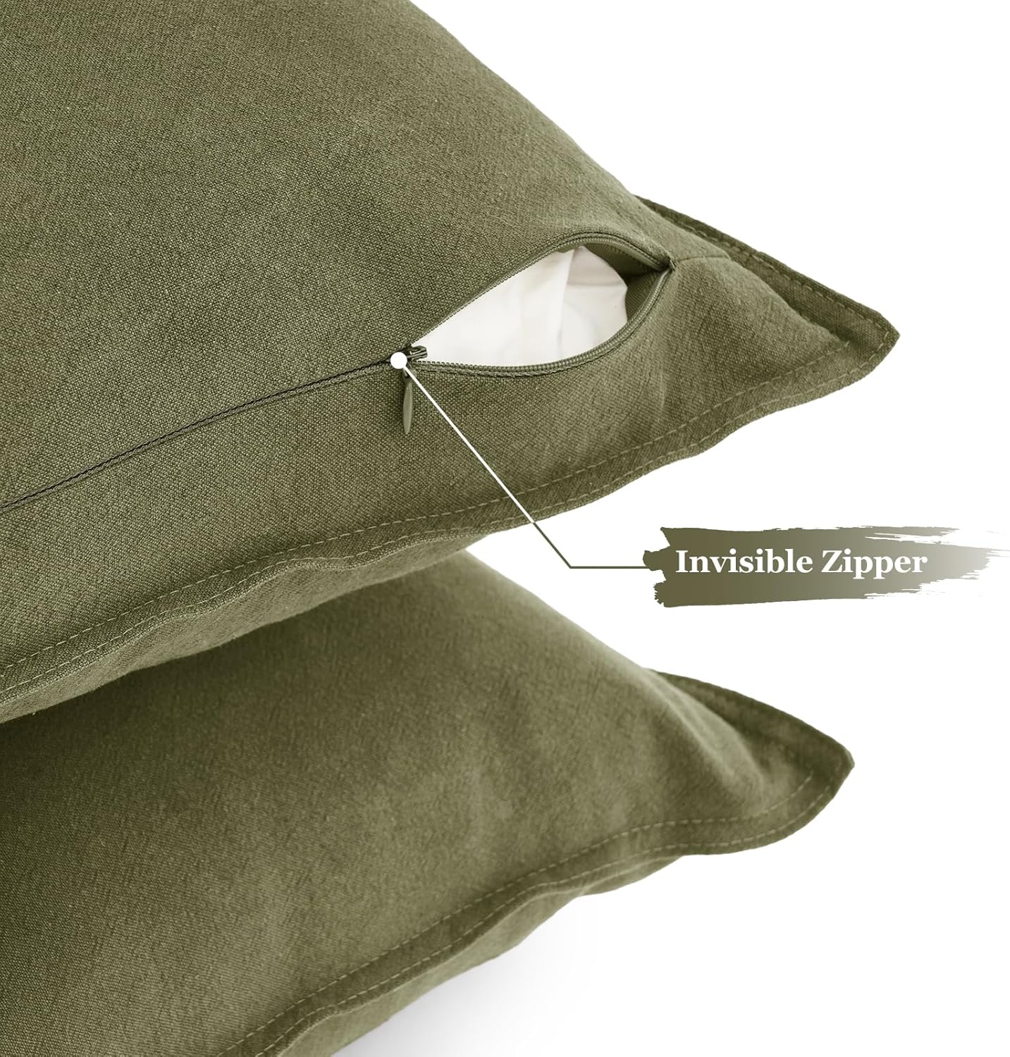 Linen Cushion Covers - 30% Linen 70% Cotton Blend, Soft & Breathable with Hidden Zipper Design - Olive Green, 45cm x 45cm Twin Pack