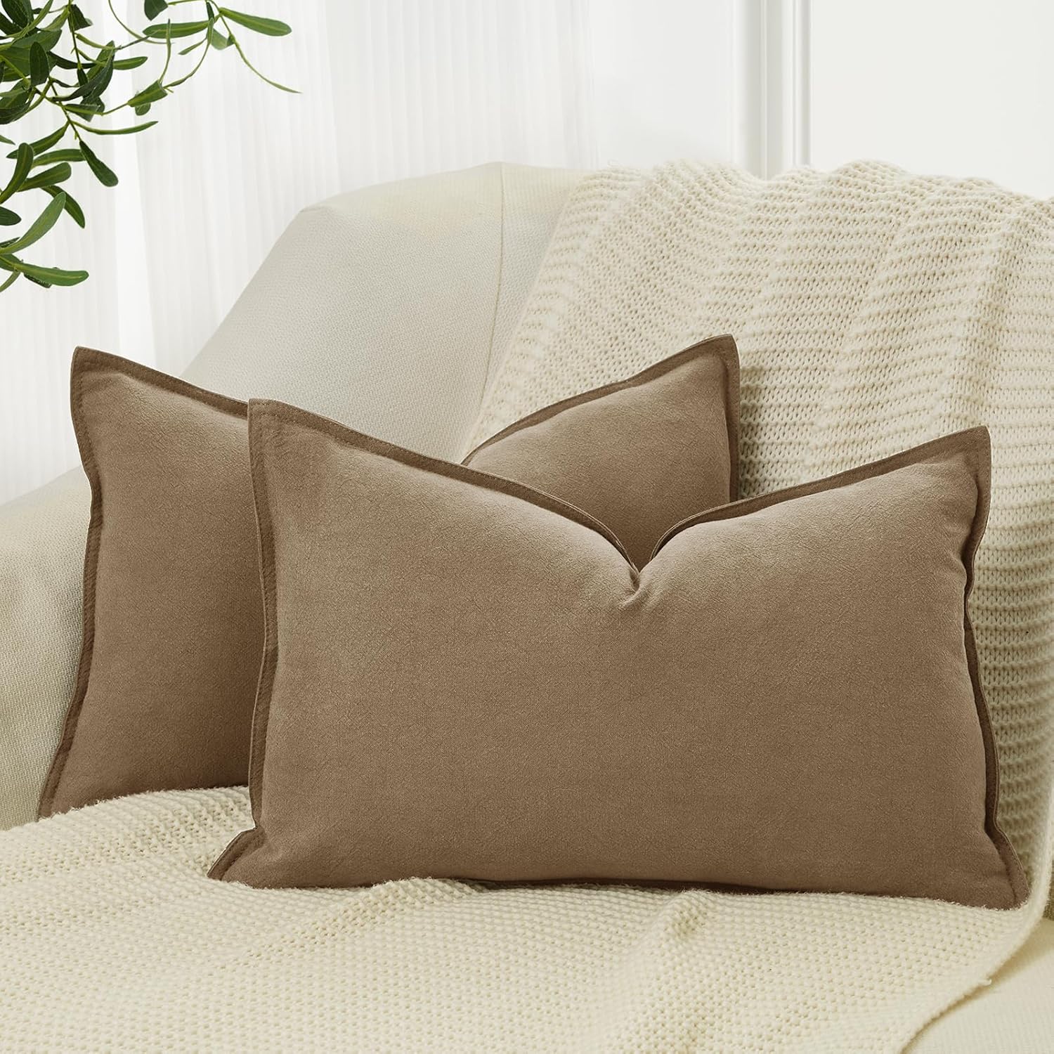 Linen Cushion Covers - 30% Linen 70% Cotton Blend, Soft & Breathable with Hidden Zipper Design - Tan, 30cm x 50cm Twin Pack