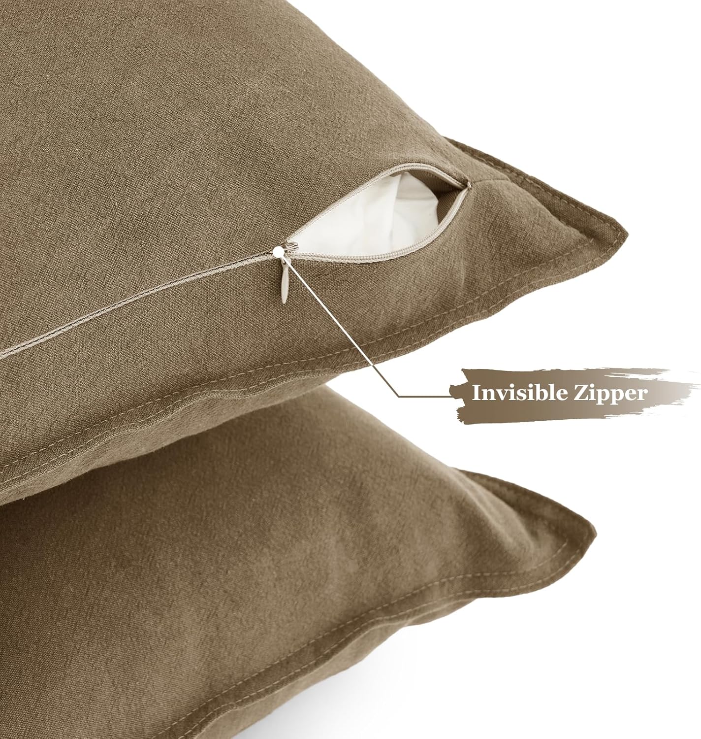 Linen Cushion Covers - 30% Linen 70% Cotton Blend, Soft & Breathable with Hidden Zipper Design - Tan, 45cm x 45cm Twin Pack