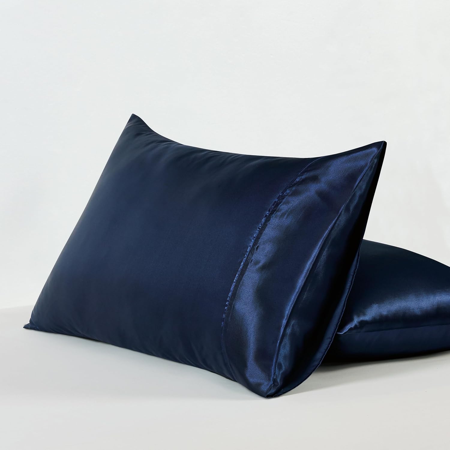 Satin Pillowcases - Silky Soft Polyester Satin with Zipper Closure - Navy Blue, 48cm x 73cm Twin Pack