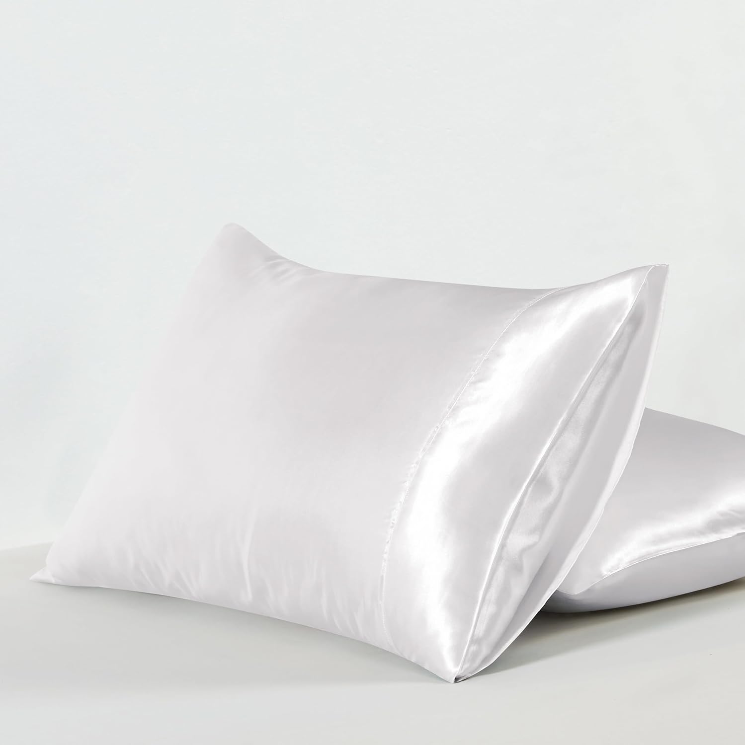 Satin Pillowcases - Silky Soft Polyester Satin with Zipper Closure - White, 48cm x 73cm Twin Pack