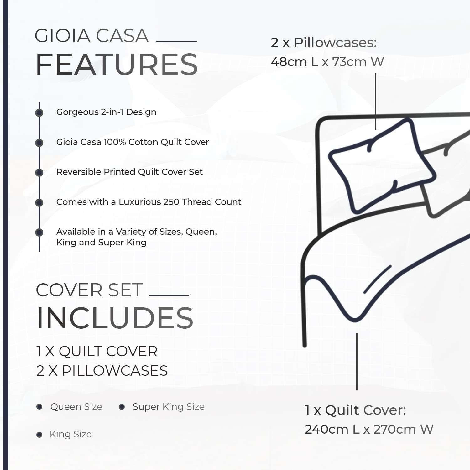 Reversible 100% Cotton Quilt Cover Set, 250 TC, Super King - Gioia Casa