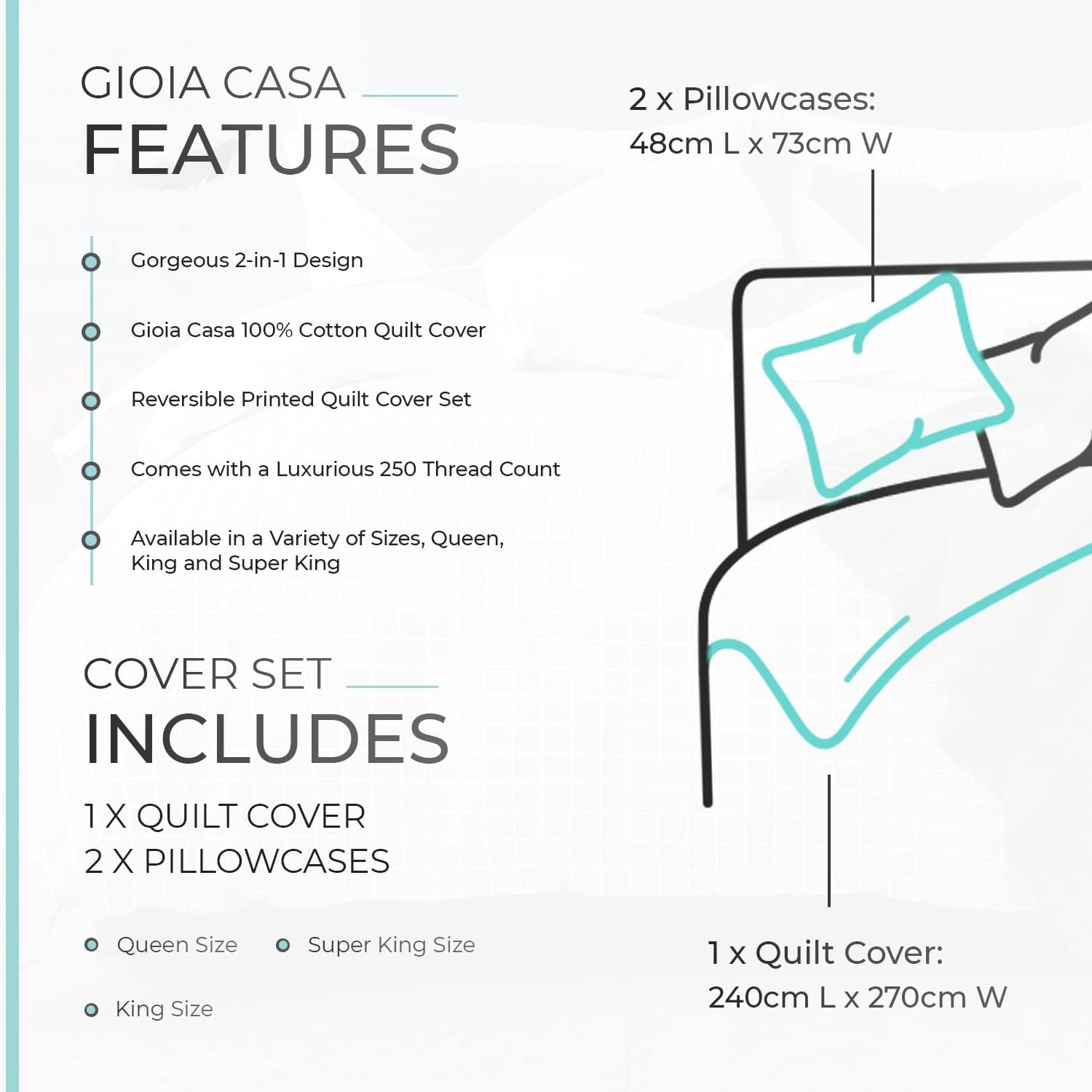 Reversible 100% Cotton Super King Quilt Cover Set - Gioia Casa