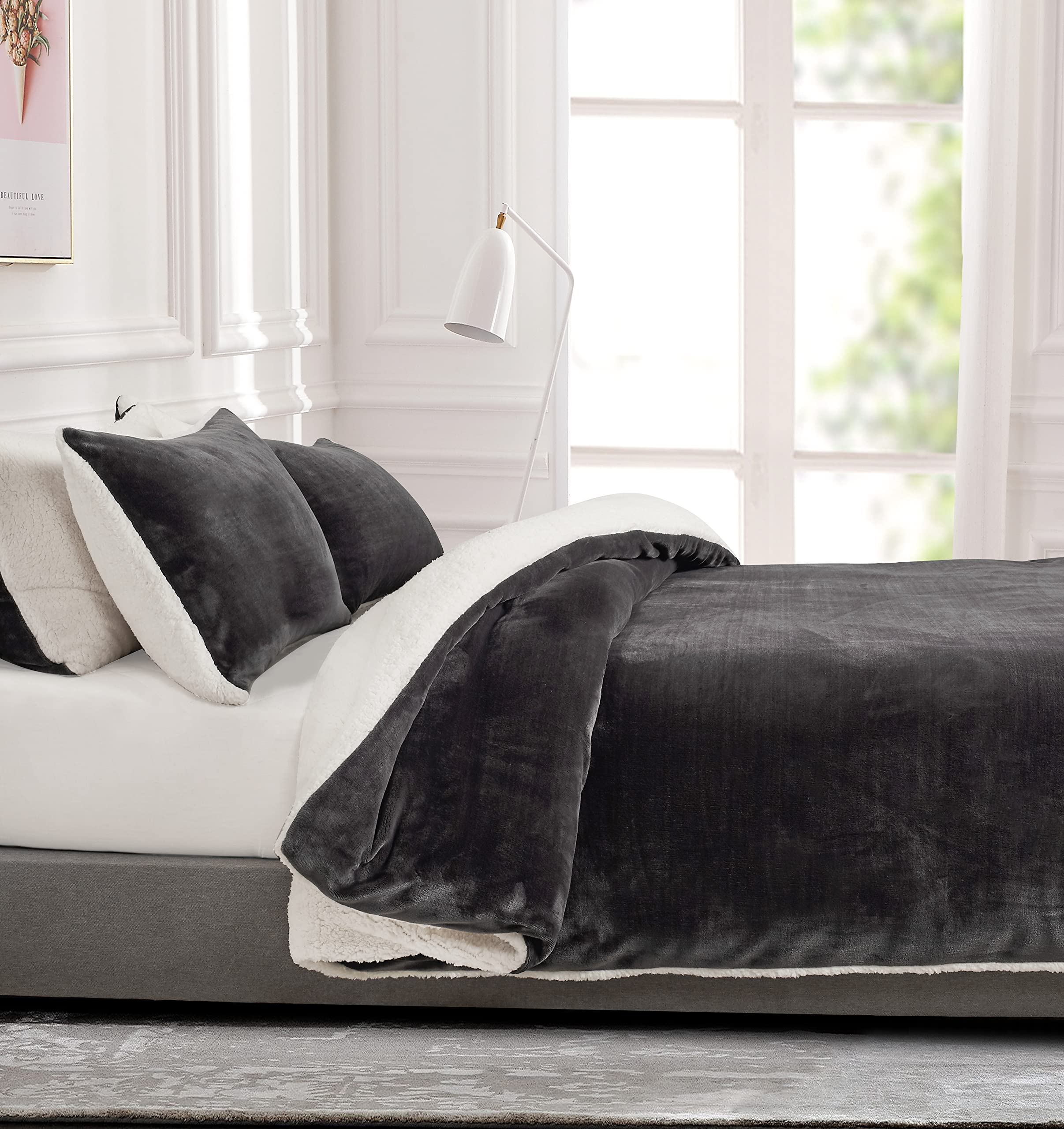2-in-1 Teddy Sherpa Quilt Cover Set Charcoal, Super King