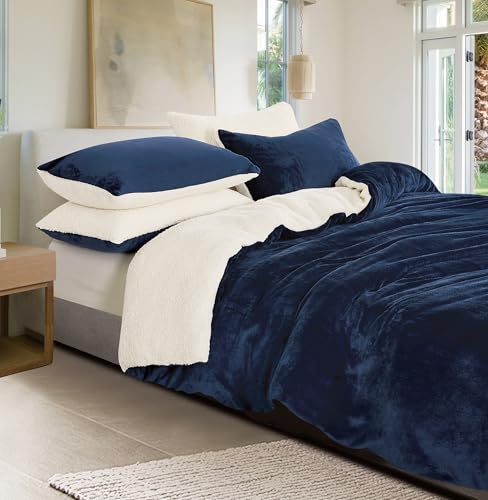 2-in-1 Teddy Sherpa Quilt Cover Set Navy Blue, Super King