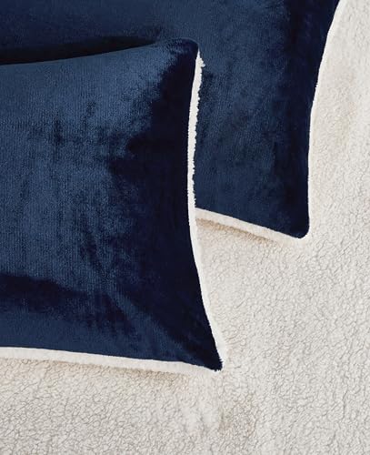 2-in-1 Teddy Sherpa Quilt Cover Set Navy Blue, Super King