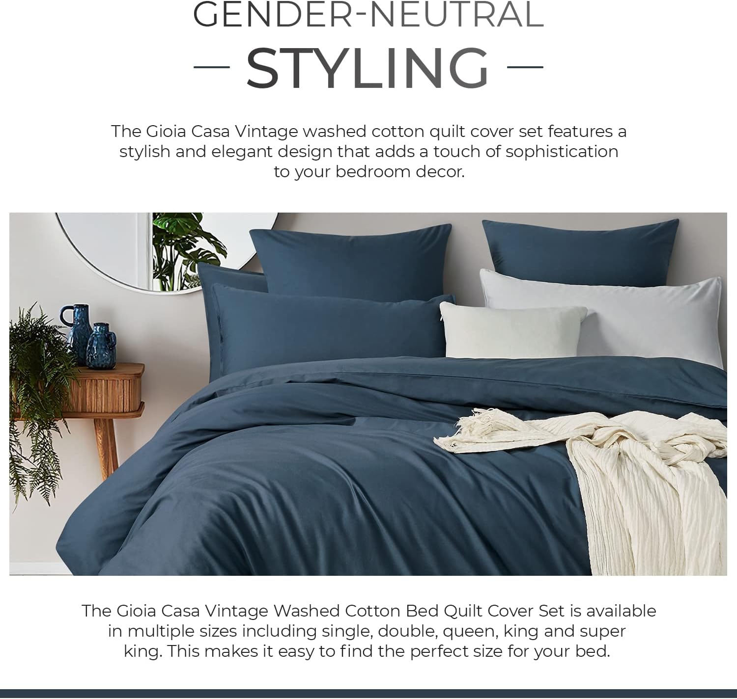 Super King 100% Cotton Vintage Quilt Cover Set, Indigo - Gioia Casa