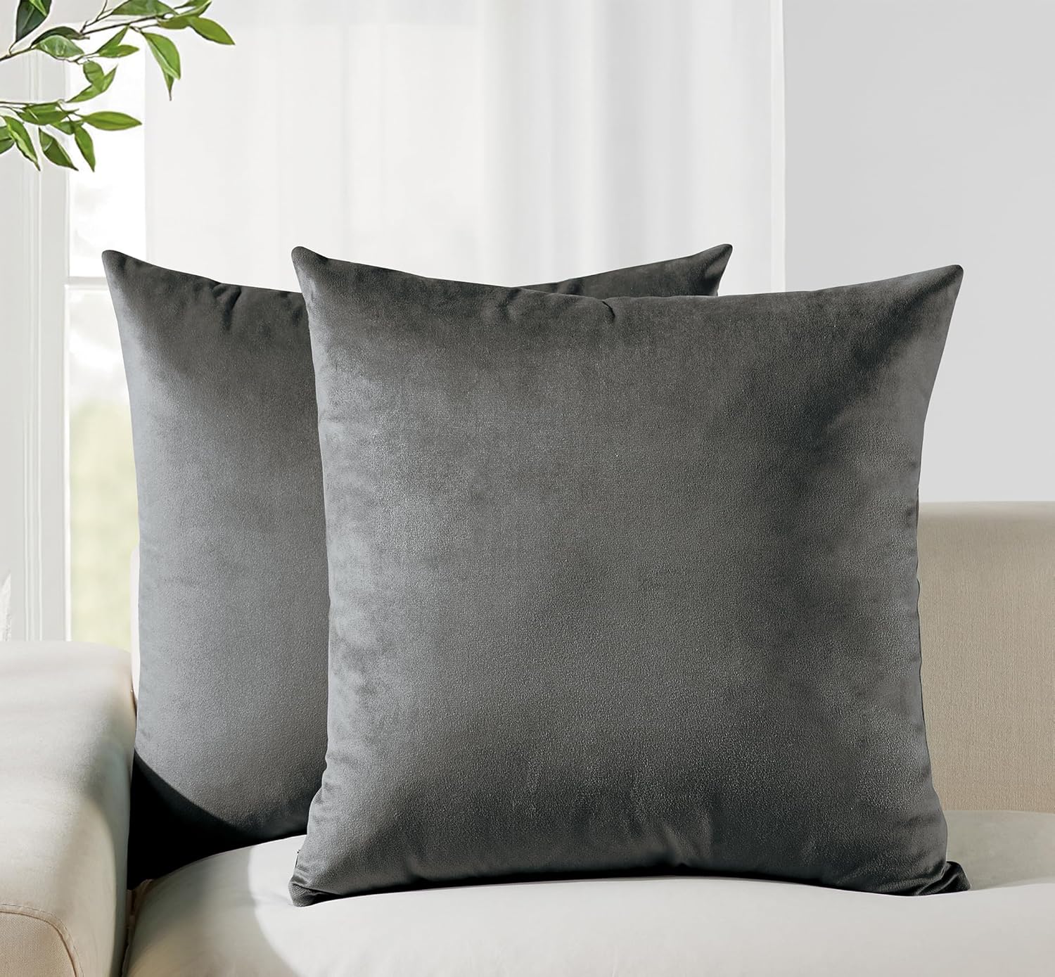 Twin-Pack Velvet Cushion Covers - Soft Microfibre Cushion Covers with Hidden Zipper Dark Grey, 45cm*45cm
