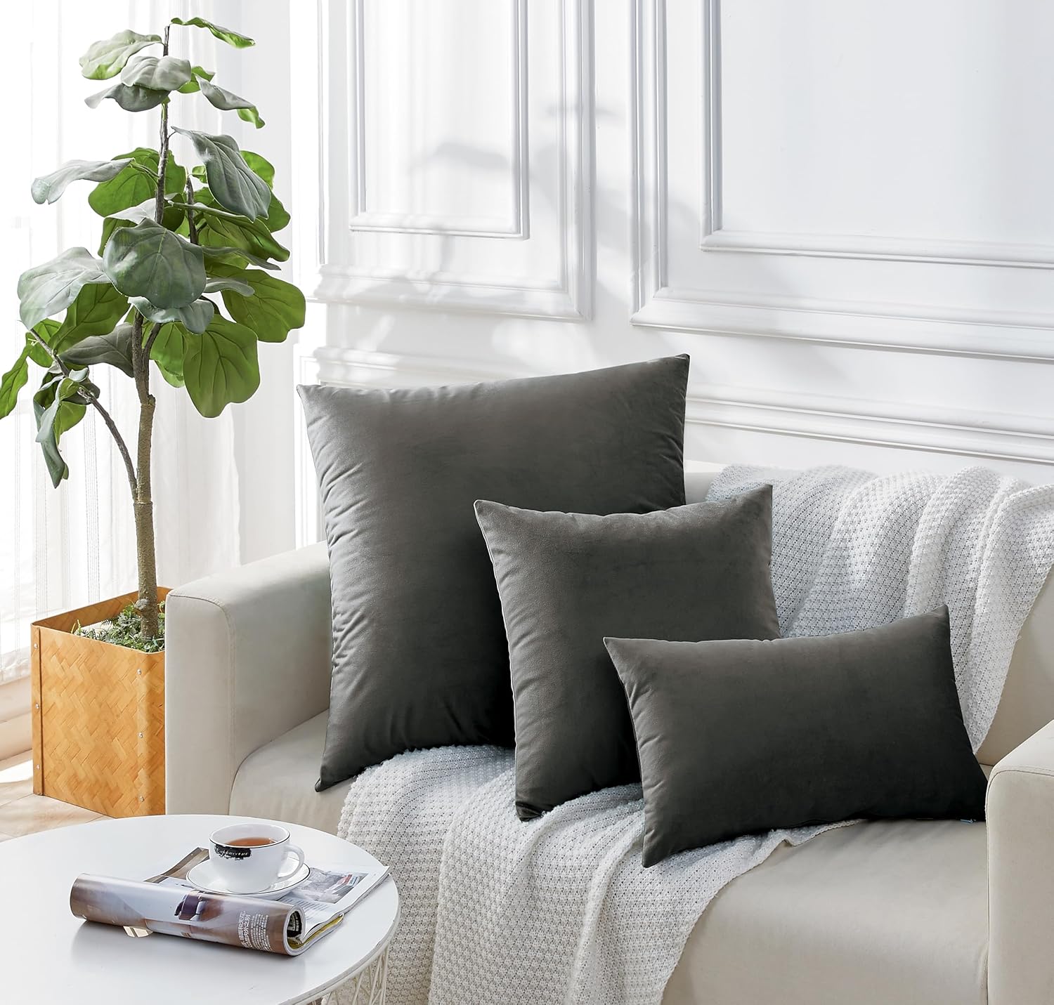 Twin-Pack Velvet Cushion Covers - Soft Microfibre Cushion Covers with Hidden Zipper Dark Grey, 45cm*45cm
