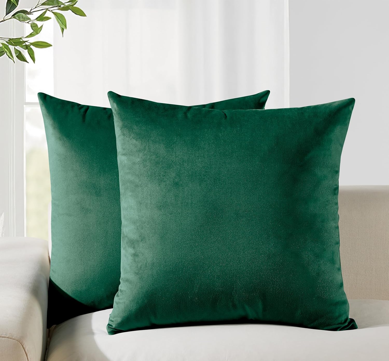 Twin-Pack Velvet Cushion Covers - Soft Microfibre Cushion Covers with Hidden Zipper Emerald Green, 65cm*65cm