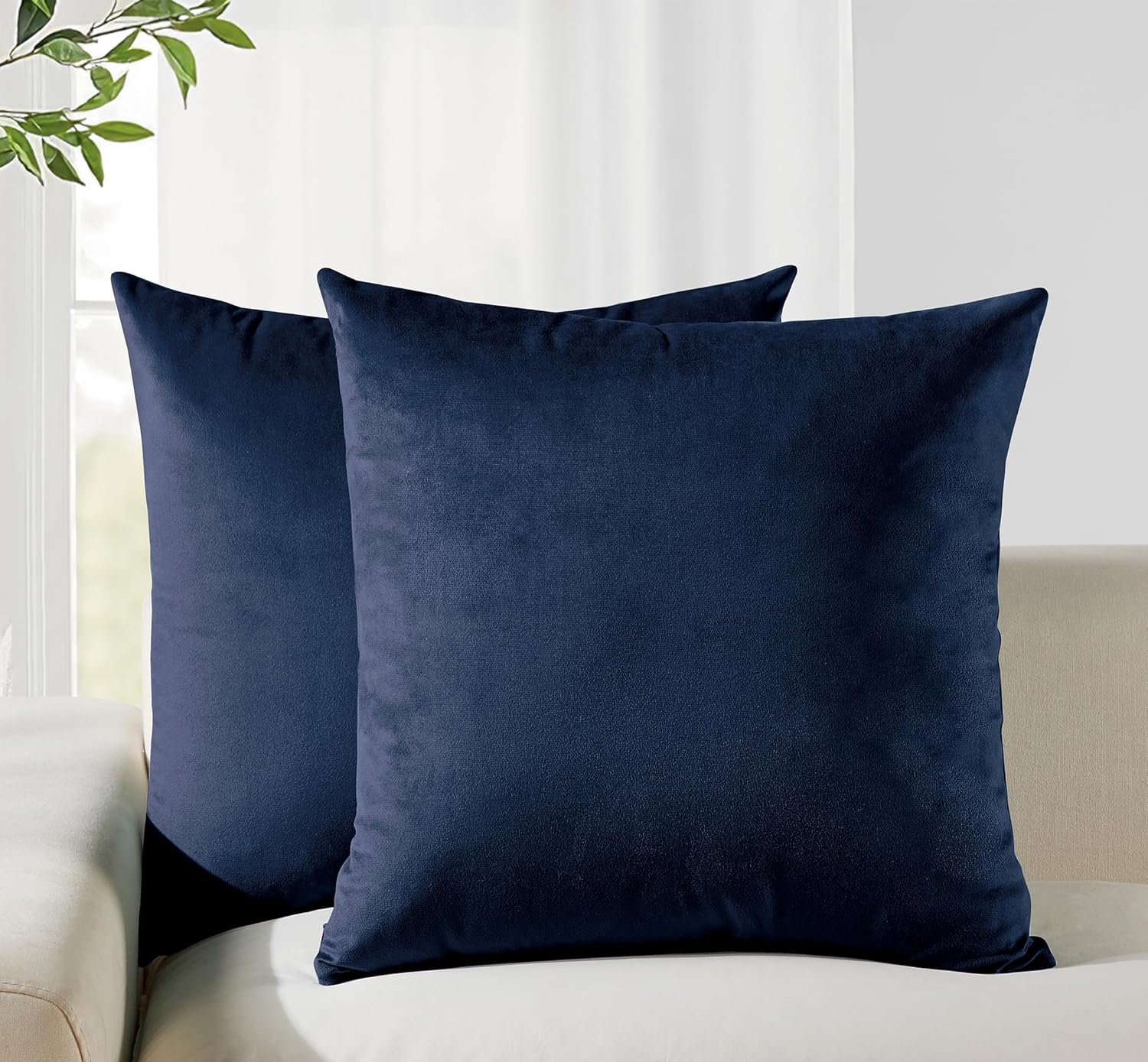 Twin-Pack Velvet Cushion Covers - Soft Microfibre Cushion Covers with Hidden Zipper Navy Blue, 65cm*65cm