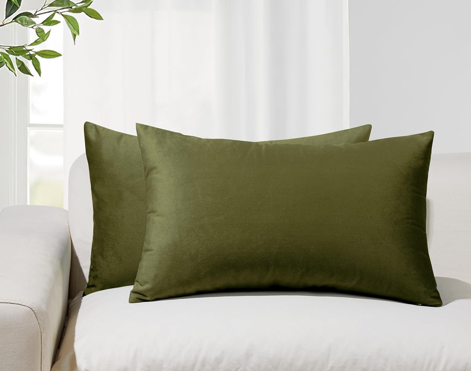 Twin-Pack Velvet Cushion Covers - Soft Microfibre Cushion Covers with Hidden Zipper Olive Green, 30cm*50cm
