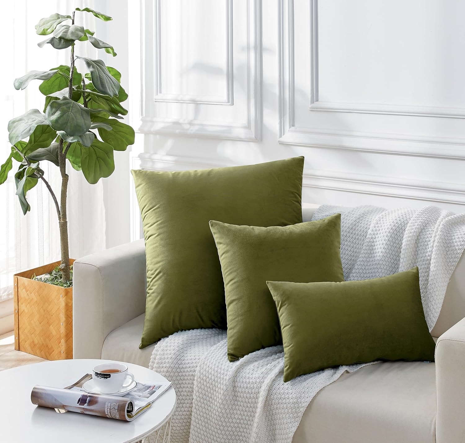 Twin-Pack Velvet Cushion Covers - Soft Microfibre Cushion Covers with Hidden Zipper Olive Green, 30cm*50cm