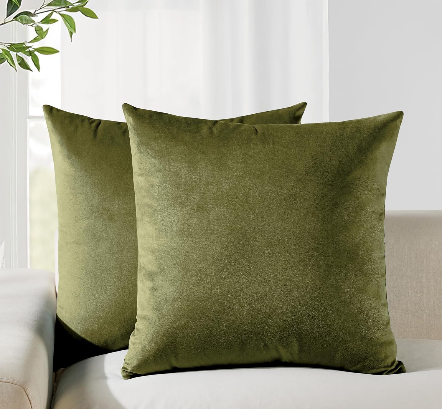 Twin-Pack Velvet Cushion Covers - Soft Microfibre Cushion Covers with Hidden Zipper Olive Green, 45cm*45cm