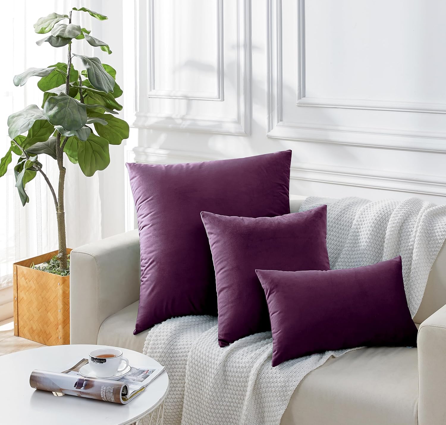 Twin-Pack Velvet Cushion Covers - Soft Microfibre Cushion Covers with Hidden Zipper Plum, 30cm*50cm