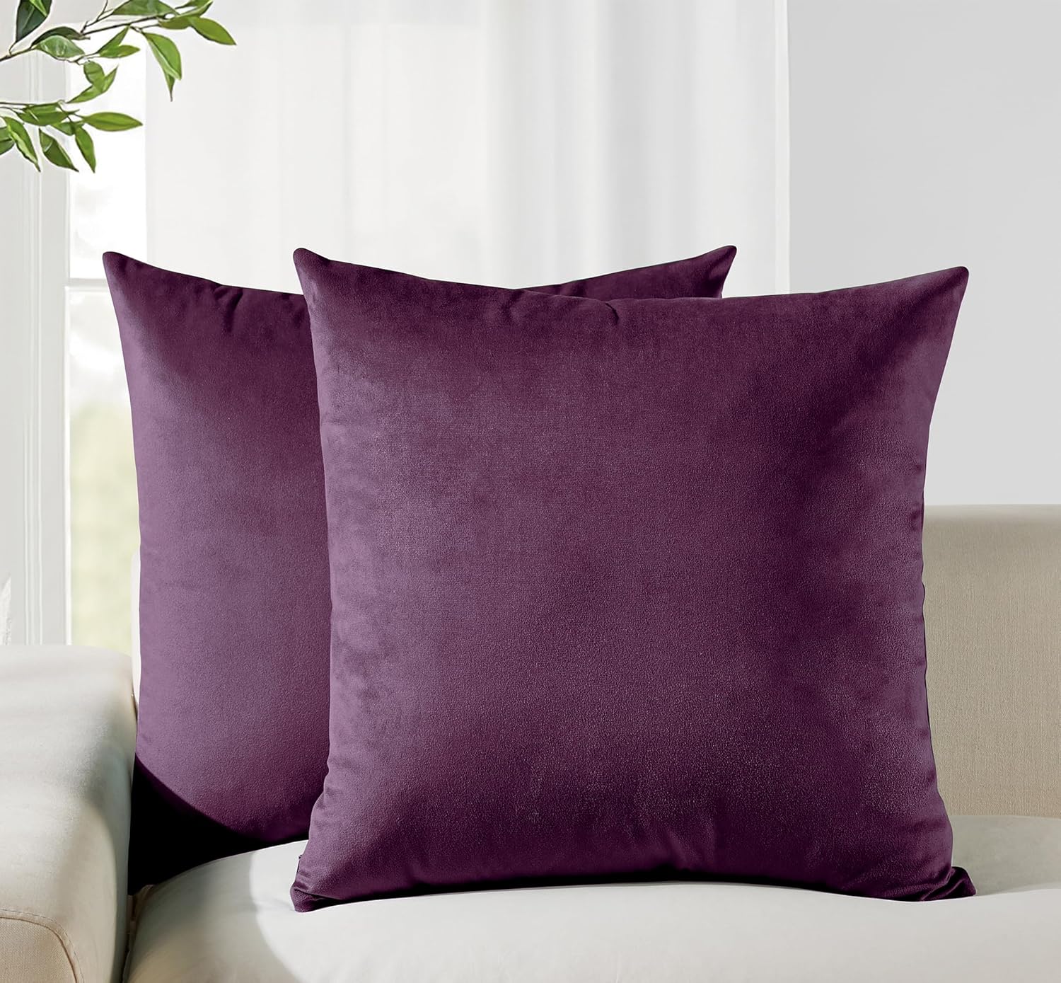 Twin-Pack Velvet Cushion Covers - Soft Microfibre Cushion Covers with Hidden Zipper Plum, 45cm*45cm