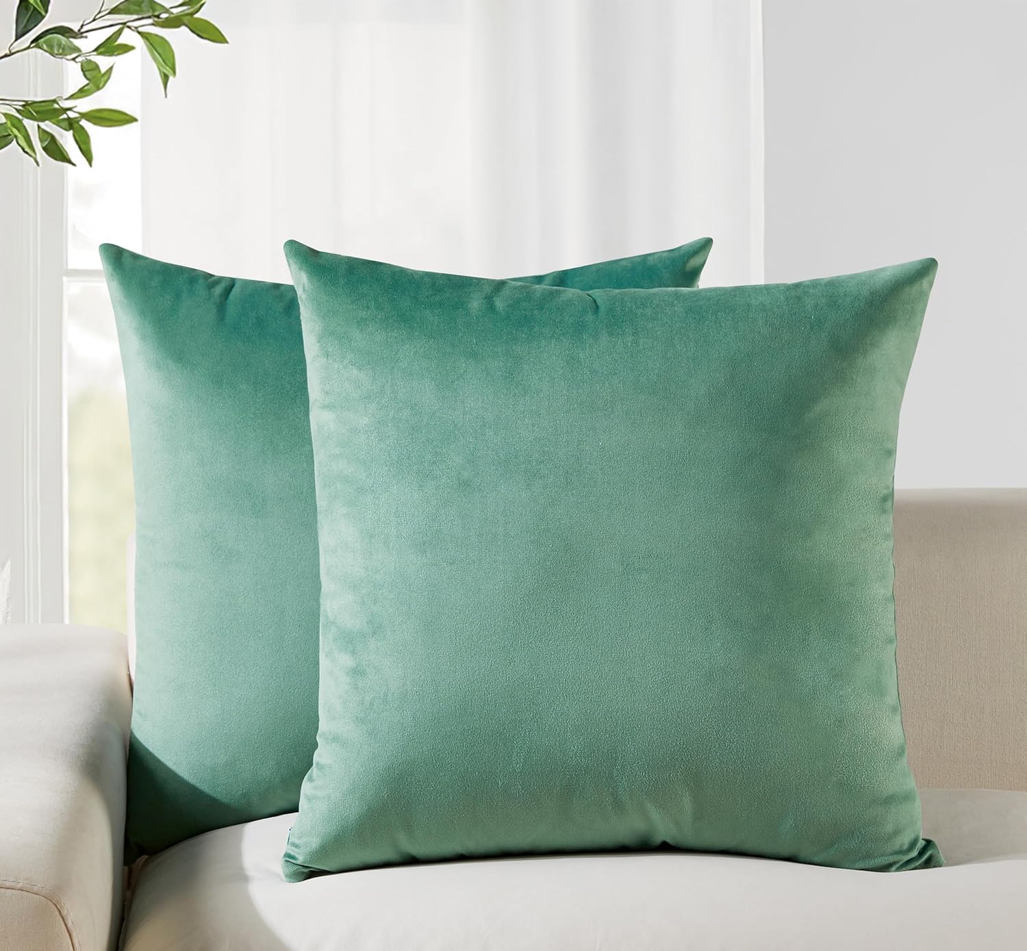Twin-Pack Velvet Cushion Covers - Soft Microfibre Cushion Covers with Hidden Zipper Sage, 45cm*45cm