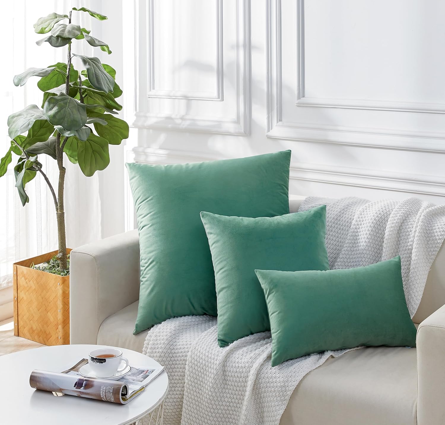 Twin-Pack Velvet Cushion Covers - Soft Microfibre Cushion Covers with Hidden Zipper Sage, 65cm*65cm
