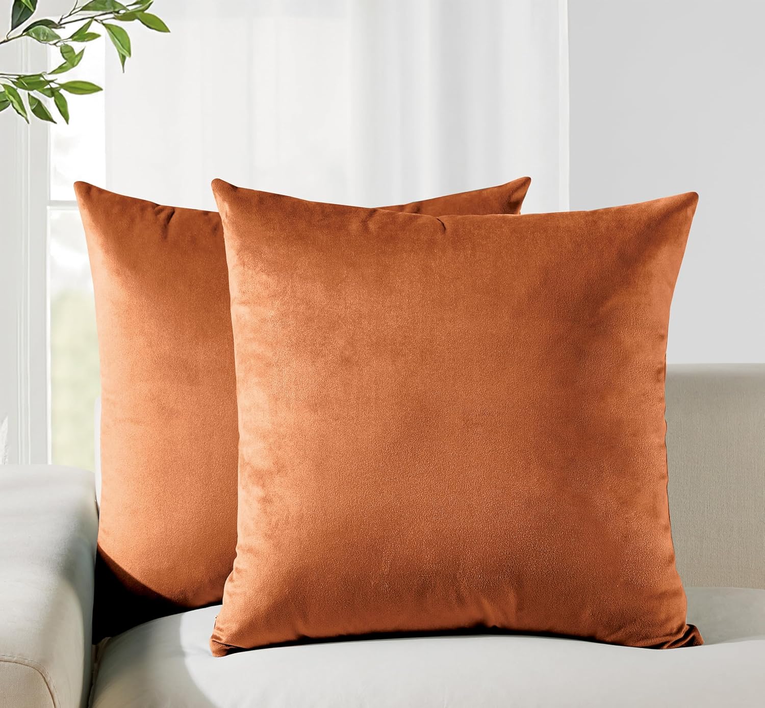 Twin-Pack Velvet Cushion Covers - Soft Microfibre Cushion Covers with Hidden Zipper Terracotta, 65cm*65cm