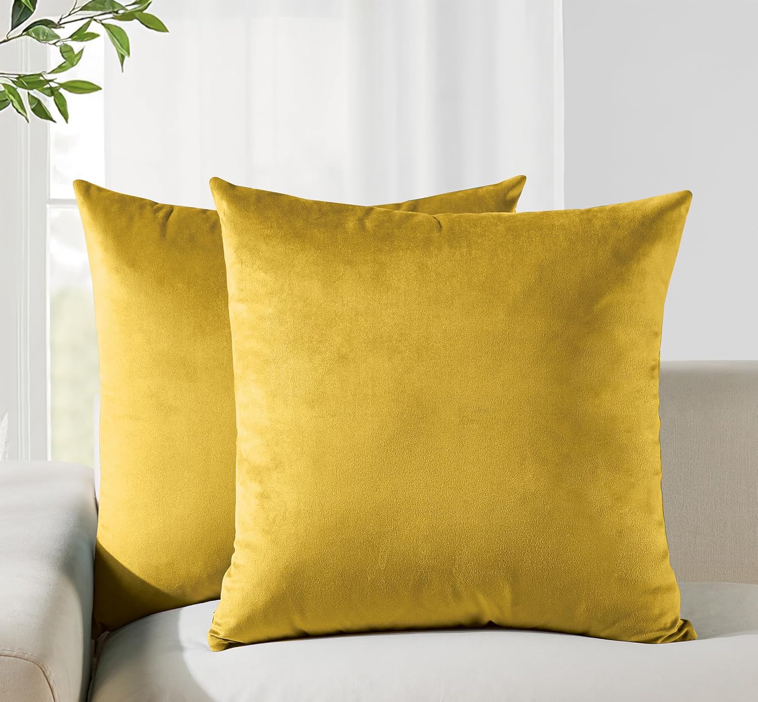 Twin-Pack Velvet Cushion Covers - Soft Microfibre Cushion Covers with Hidden Zipper Yellow, 65cm*65cm